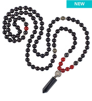 Black bead necklace with red accents & pendant